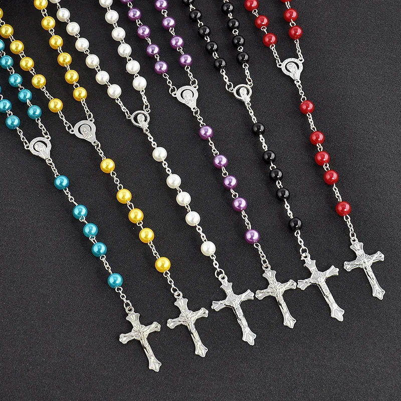 

New Fashion Handmade Round Glass Bead Catholic Quality Cross Religious Gold Silver Rosary Chain Pendants Necklace, As pic shown