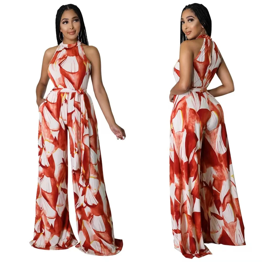 

J&H 2022 summer hawaii print palazzo pants set sexy spaghetti strap loose jumpsuits halter neck off shoulder wide leg jumpsuit, Red