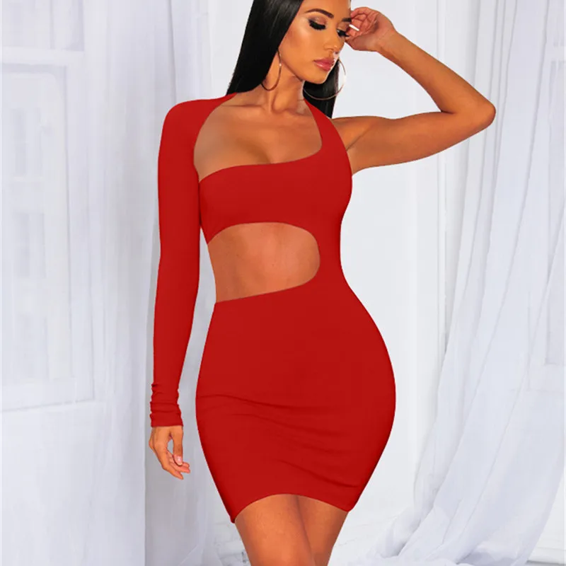 

TOB 2020 Sexy Hollow One Shoulder Long Sleeved High Waist Mini Dress Nightclub Backless Slim Bodycon AM433