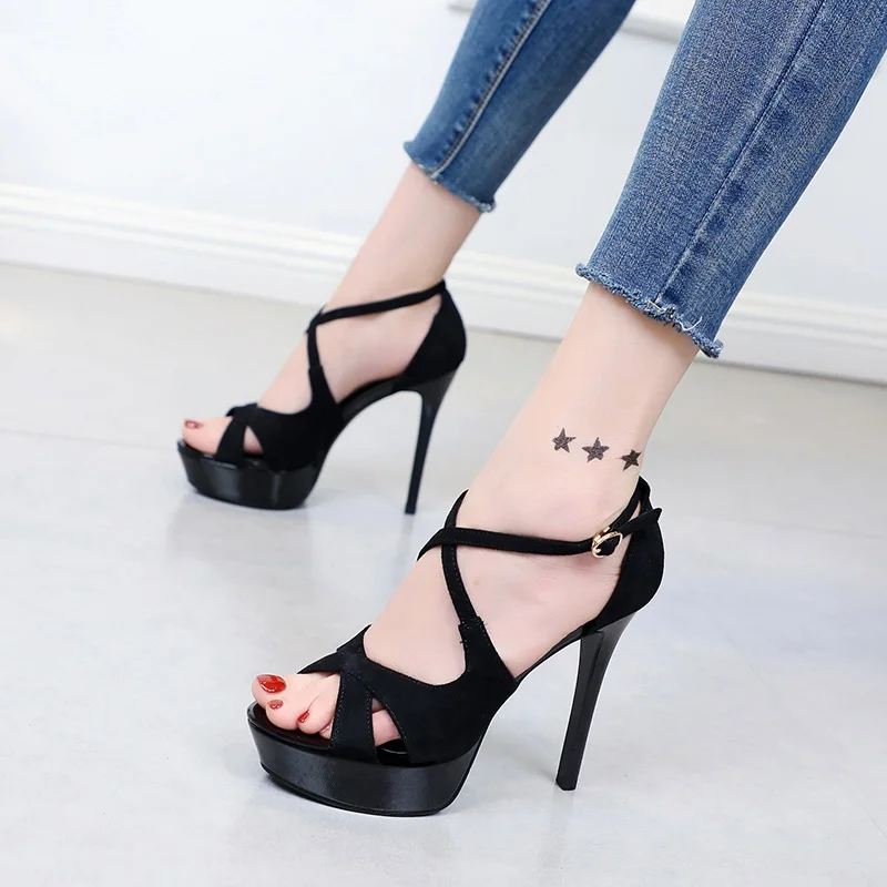 

2021 Korean version new black sexy cross one line buckle sandals summer waterproof platform thin heel fish mouth high heels