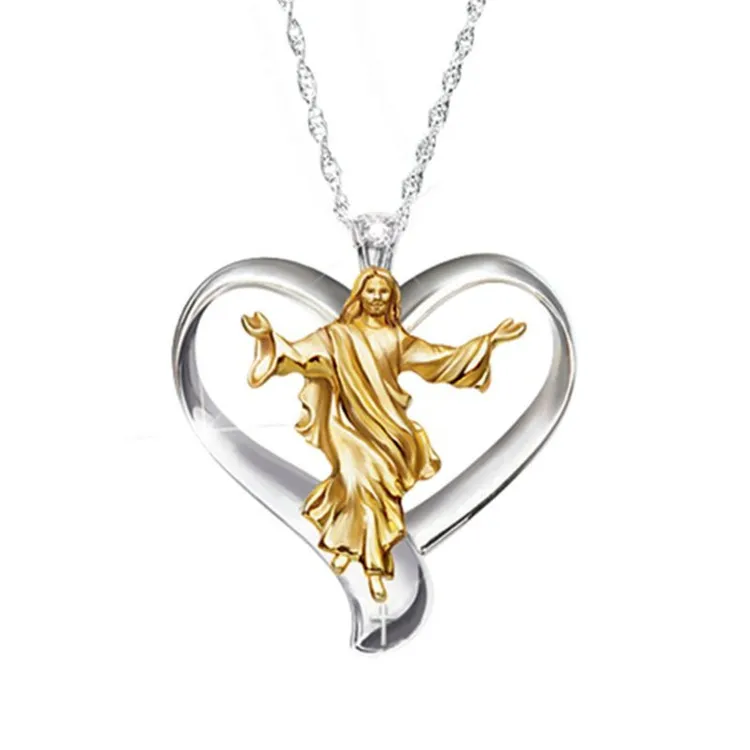 

European Religious Christ I Love Jesus Necklace Alloy Copper Christian Prayer Jesus Heart Pendant Necklace For Women, As picture