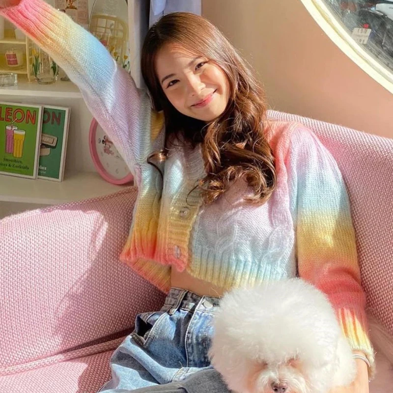 

2021 Rainbow Clothing Y2K Top Korean Fashion Cute Kawaii Knitwear Women's Crop Sweater Top Cardigan Knit