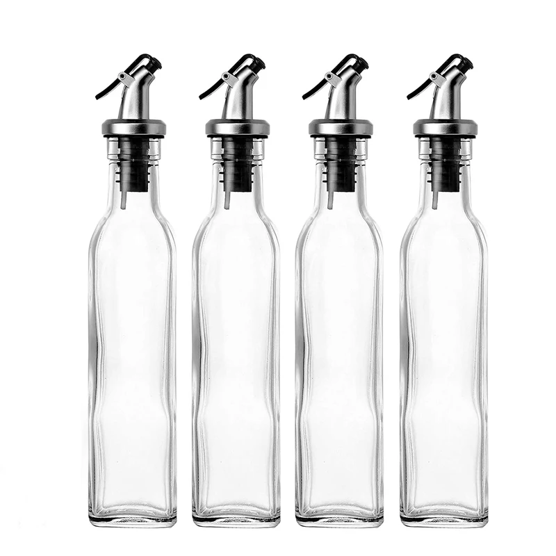 

4 pack Glass Olive Oil Dispenser Bottles Clear Vinegar Cruet with Pourers Oil Dispenser Glass Bottle for Oil Packaging, High transparency