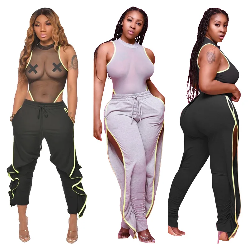 

Women Perspectives sexy mesh sleeveless Sexy Top Slit Elastic Pants Plus Size Women's Suit, Picture color