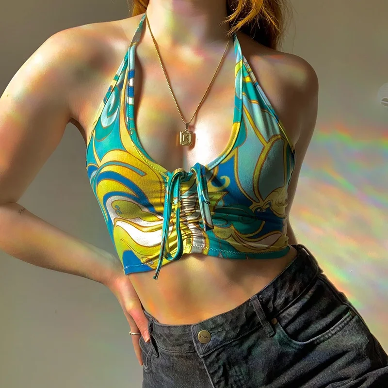 

XLL Fashion 2021 summer ladies halter ruched lace up crop top blouse women paisley print sexy tops, As picture or customized color