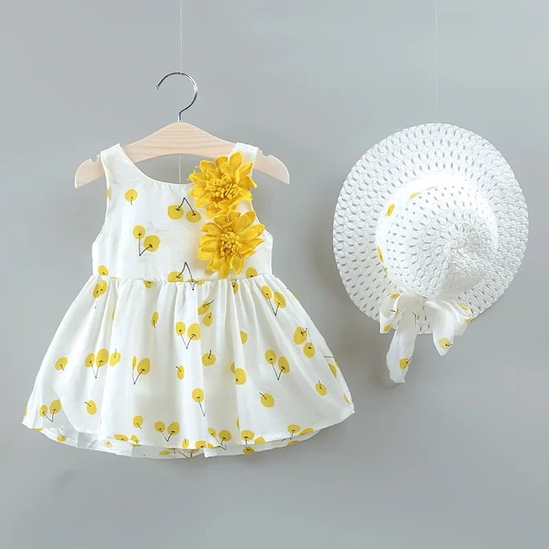 

Summer Cute Cotton Blend Baby Kids Clothing Girl Toddler Dress With Straw Hat+girls Dresses, Pink,green,yellow