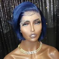 

Wholesale Pixie Cut Blue Color Bob Wigs Cuticle Aligned Mink Brazilian Virgin Human Hair Lace Front Wigs