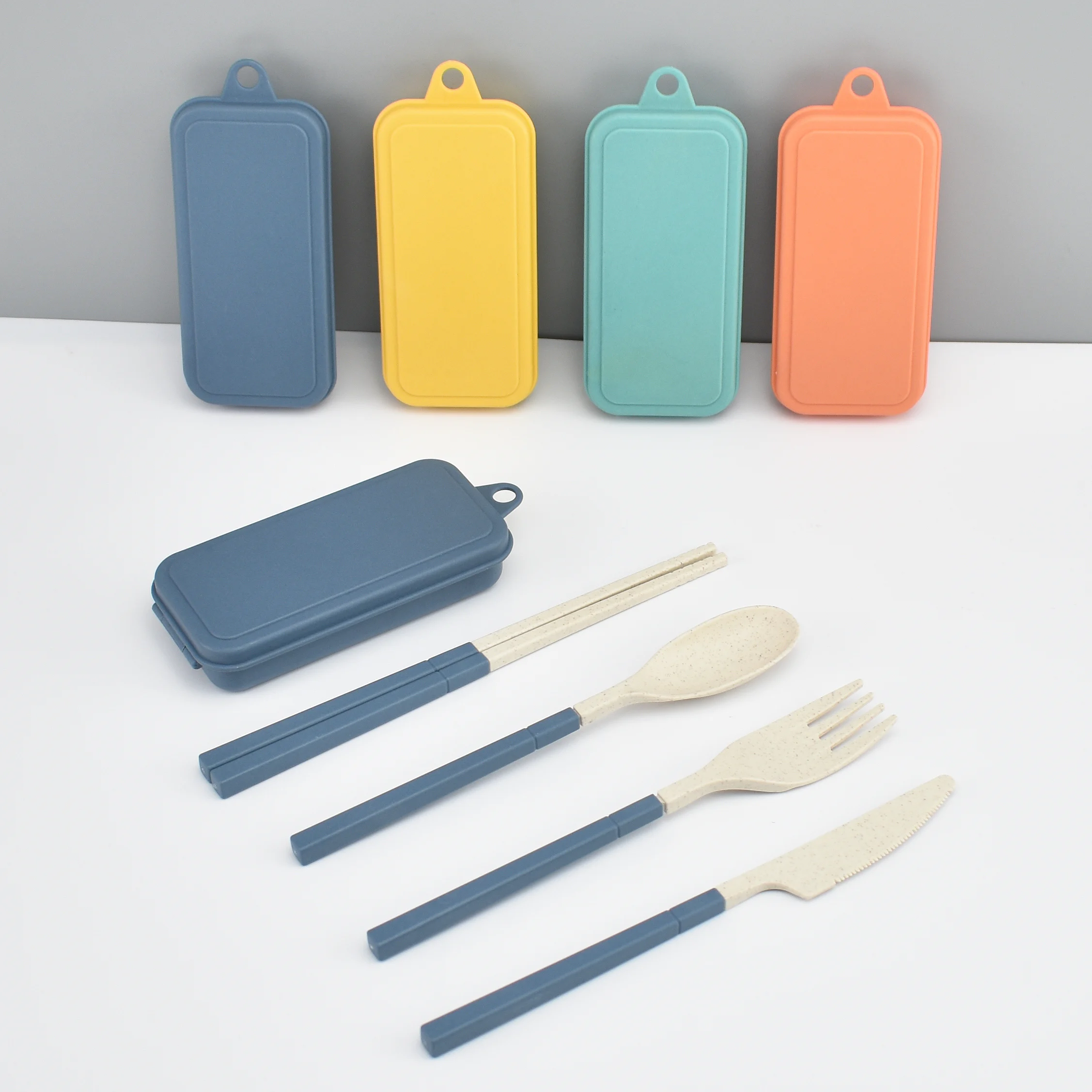 

New arrival design detachable picnic travel portable reusable biodegradable wheat straw cutlery set plastic flatware with box, Blue/green/pink/beige/custom color