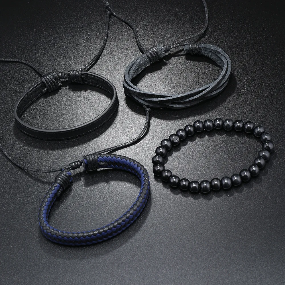 

New Design Bracelets Men Braided Bead Handmade Adjustable Leather Male Bracelet Set