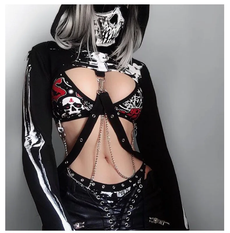 Gothic Street Style Individual Skull Print Women's Crop Hoodie Turtleneck  Crop Top Hoodie Dark Girls' Clothing
