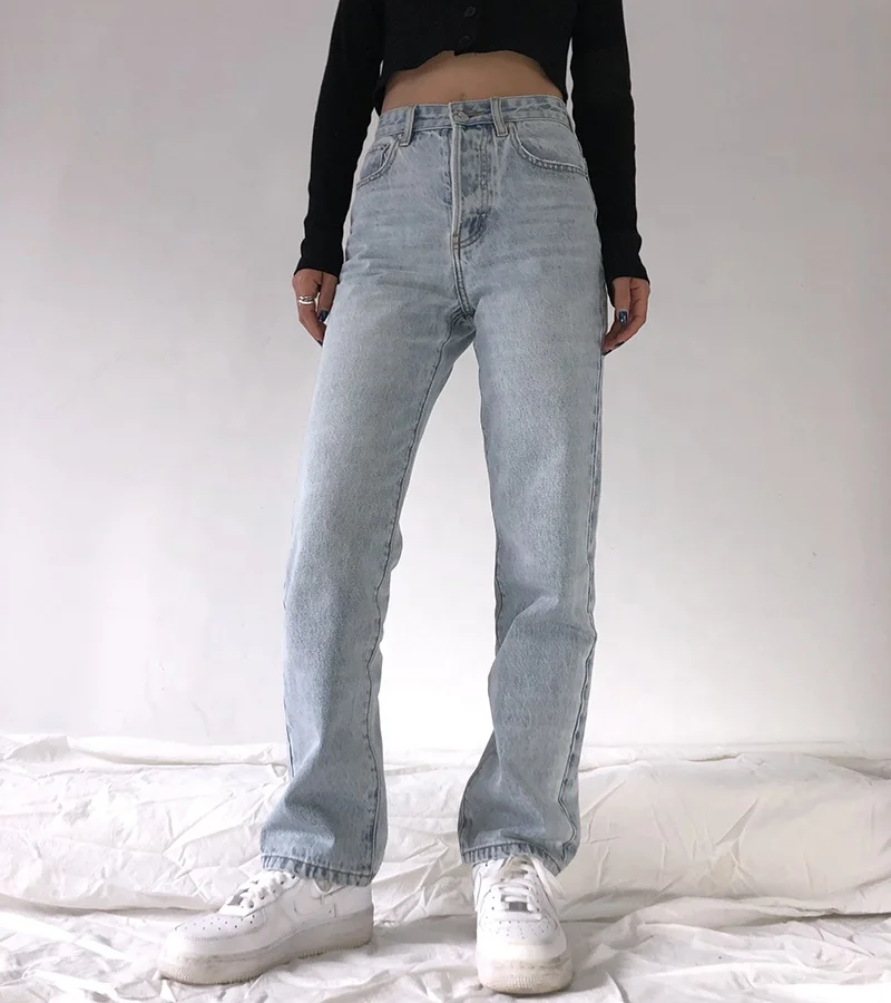 

2021 High Waist Loose Denim Pants Fashionable Casual Straight Mom Jeans Light Washed Boyfriend Baggy Jeans For Women, Light blue