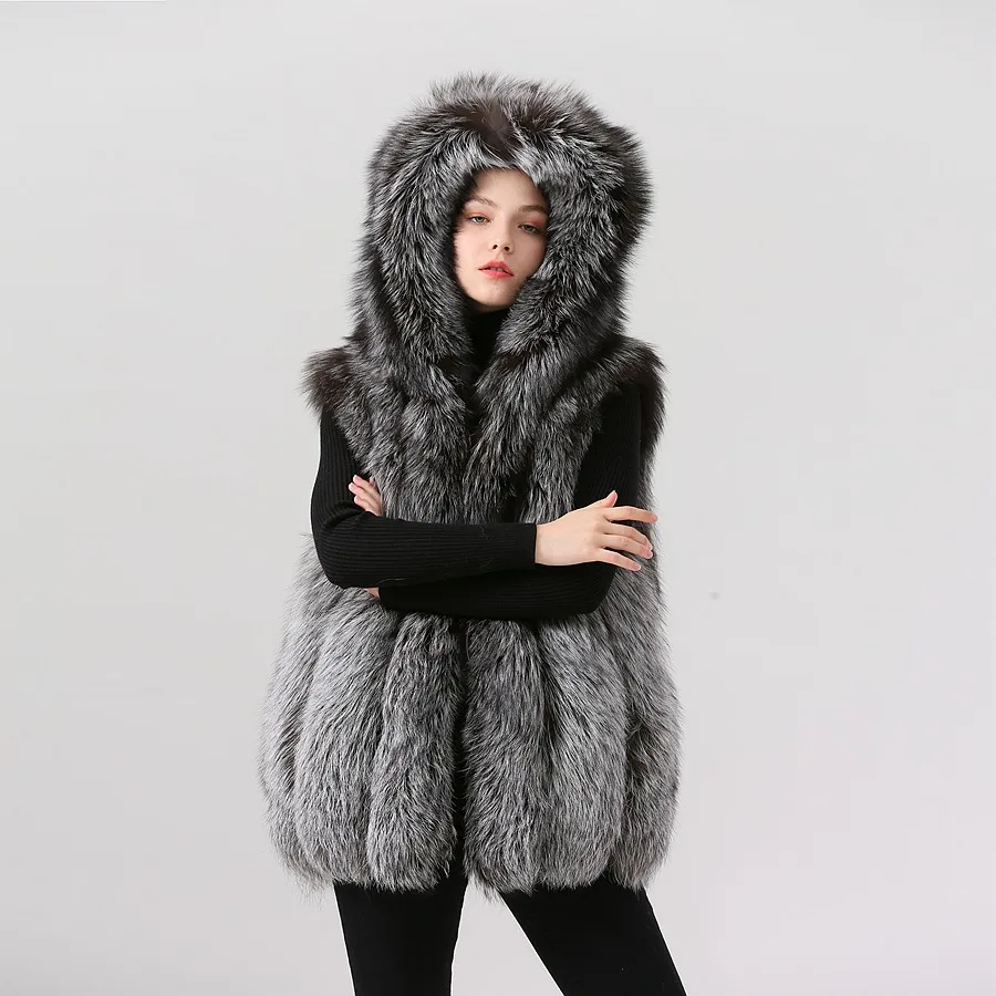 

QIUCHEN new arrival hot sale women winter full pelt fox fur vest real plus size fur fox vest with hood QC19078