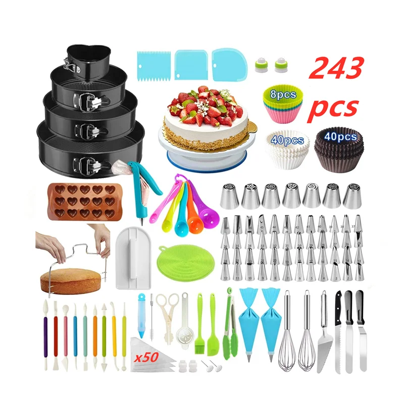

243Pcs Cupcake baking fondant tools cake decorating nozzles turntable stand tip molds set cake supplies kit for Christmas gifts, Picture