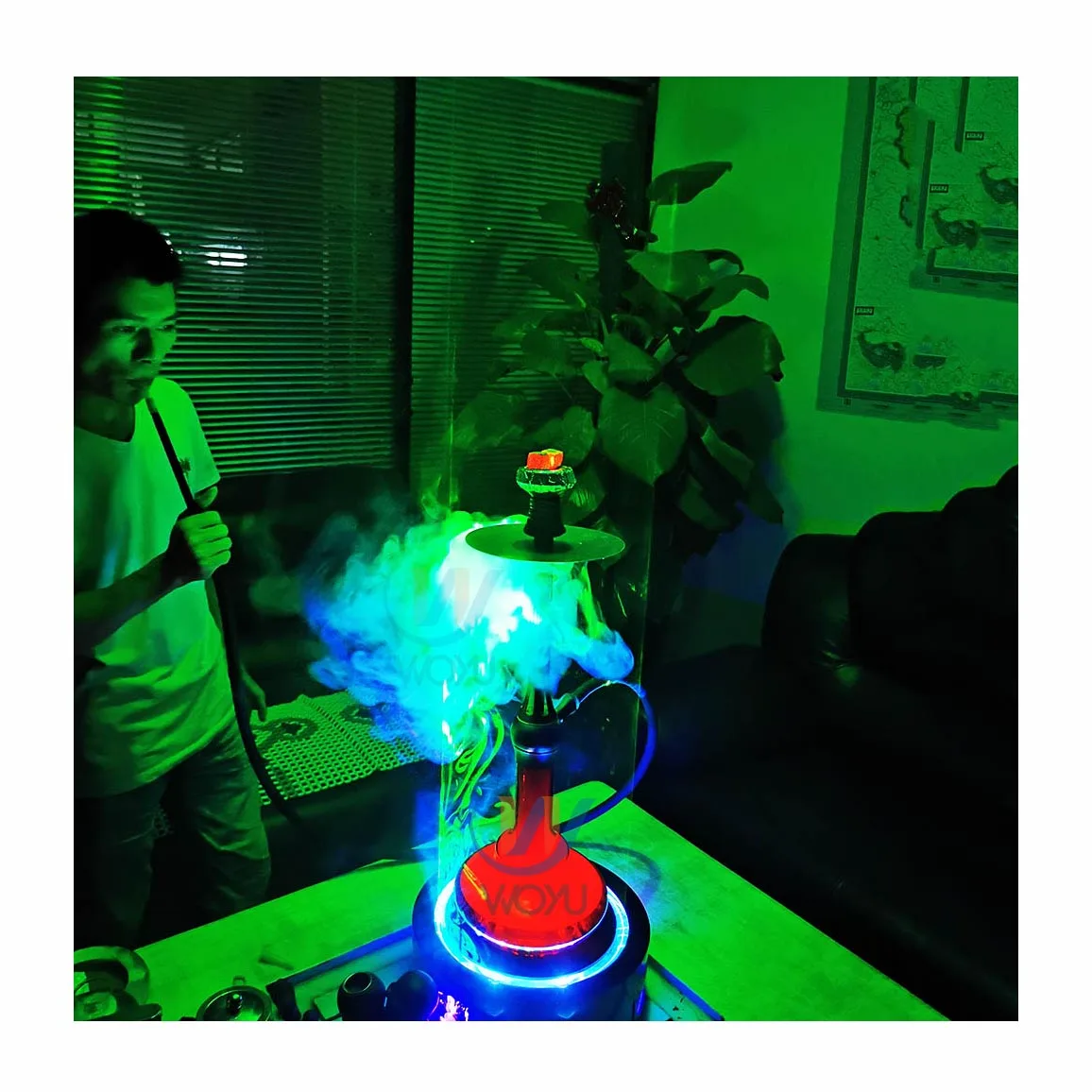 

Colorful smoking club Shisha tobacco glass bottle base hookah laser light rechargeable led plate for bar, Red,green