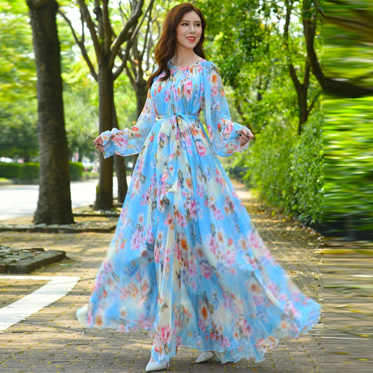 

Dropshipping Wholesale Women's Chiffon Floral Print Party Maxi Dress Hawaii bangkok Dress garments Plus Sizes turkey clothes