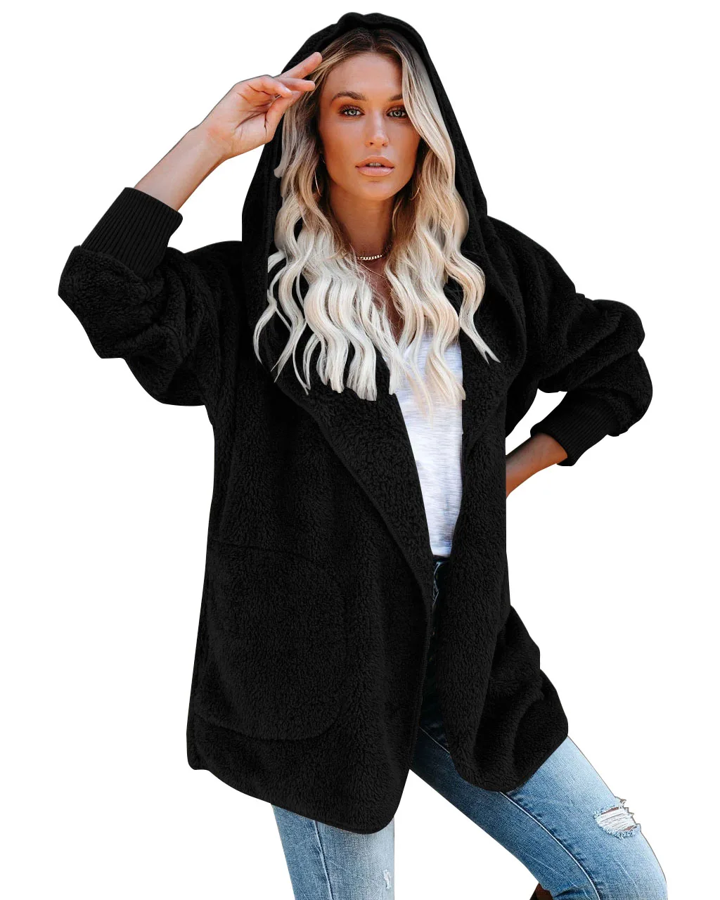 

European And American Fashion New Design Casual Autumn Winter Women Solid Color Coral Fleece Hoodie Long Cardigan Coat 2020, Picture