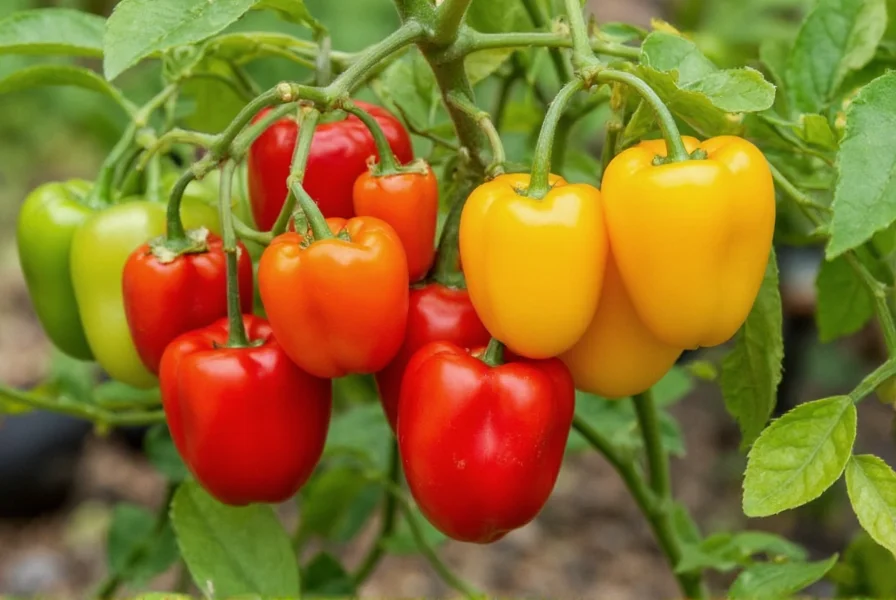 Colorful assortment of sweet bell peppers in various stages of ripeness growing on plants in a garden setting