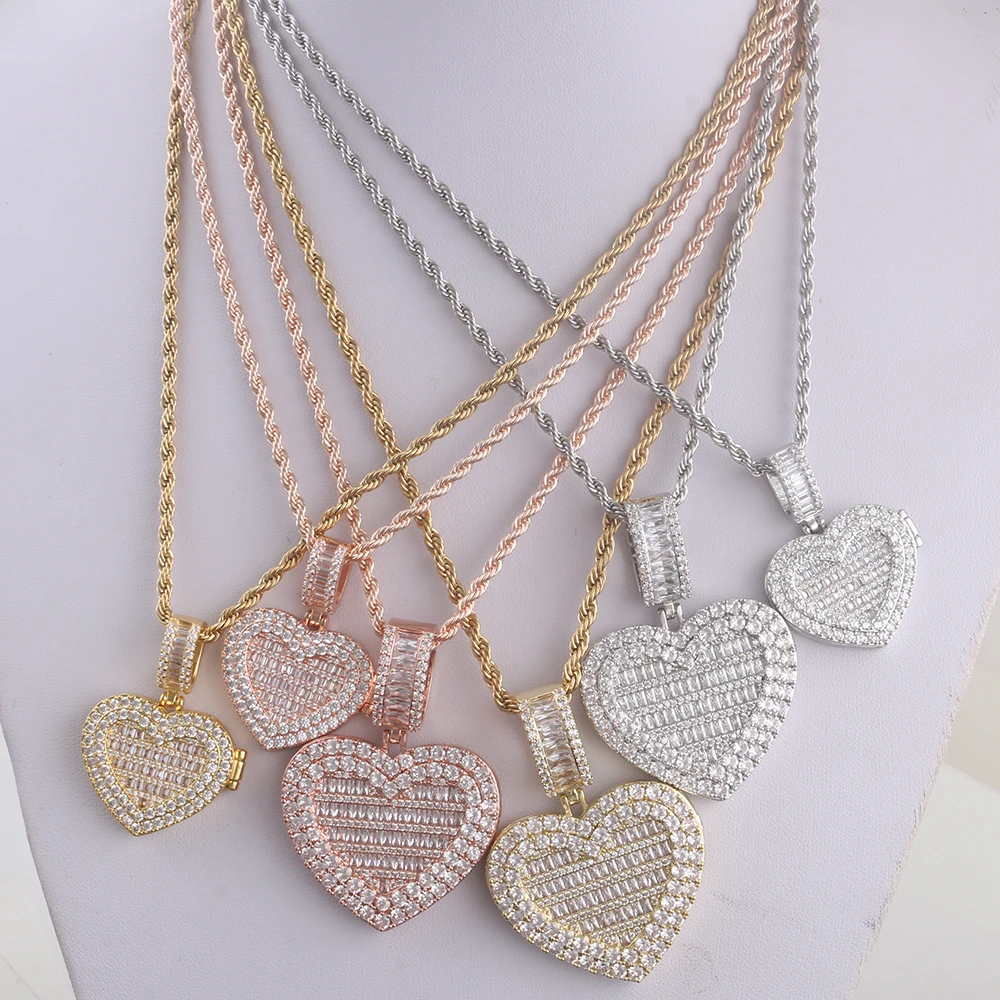 

Photo Frame cubic zircon luxury Custom Picture heart photo locket Pendant Lavish Necklace