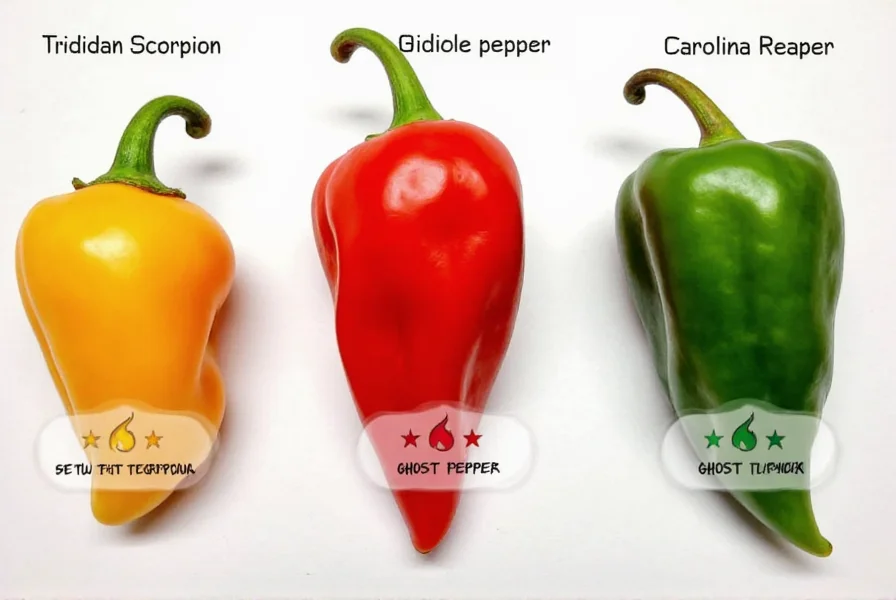 Side-by-side comparison of Trinidad Scorpion pepper, Ghost Pepper, and Carolina Reaper with heat level indicators