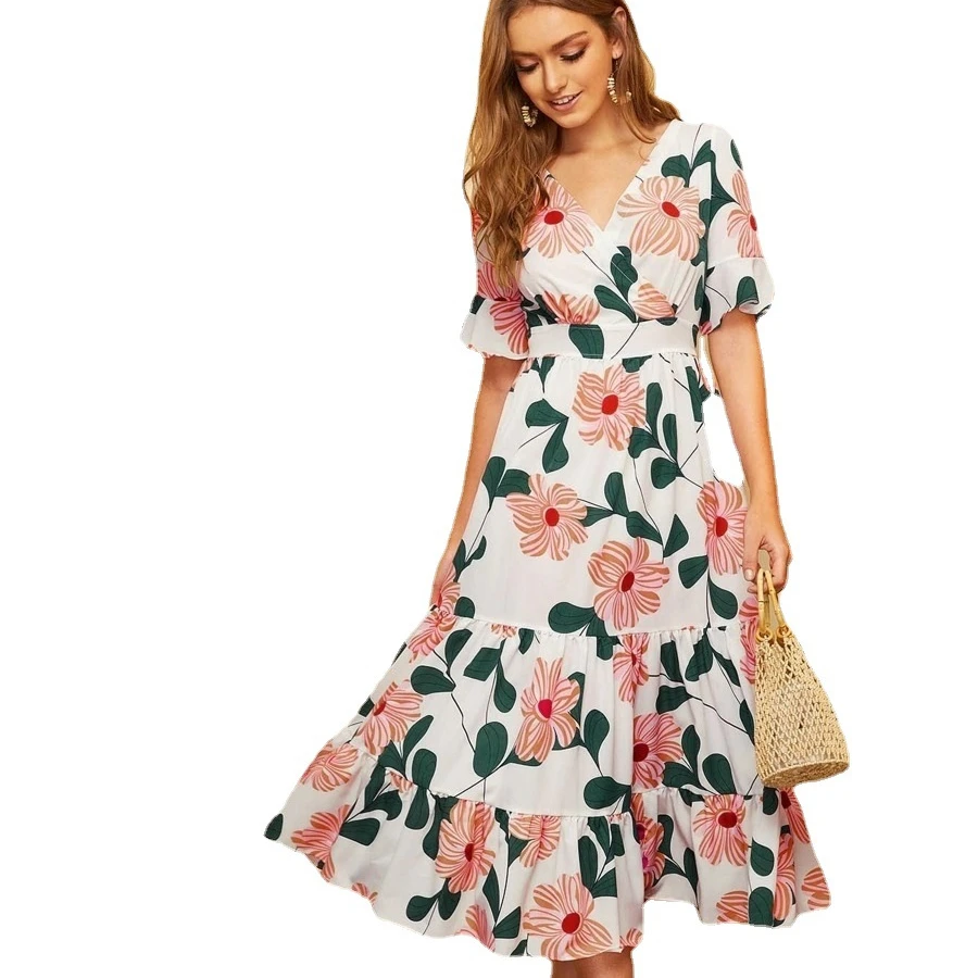 

Women high waist floral print maxi dress Vintage blue white flare short sleeve beach vocation dress Summer frill chiffon frocks