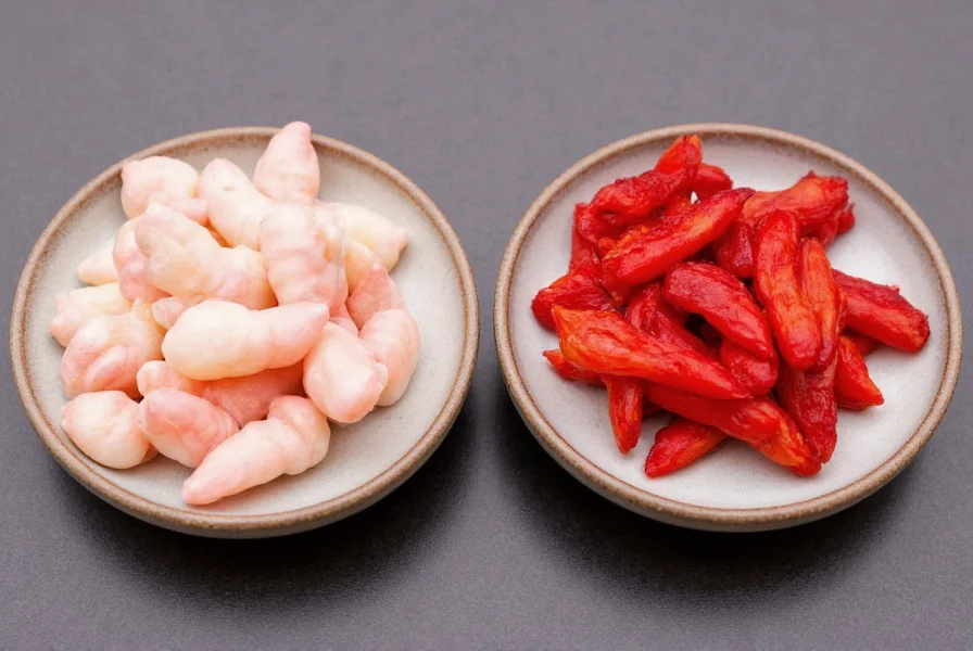 Side-by-side comparison of traditional gari (pale pink sushi ginger) and beni shoga (red pickled ginger) on ceramic plates