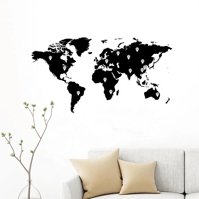 

2021 Home Decor Black Printed Map Wall Decal Eco-frindly Removable World Sticker, Cmyk