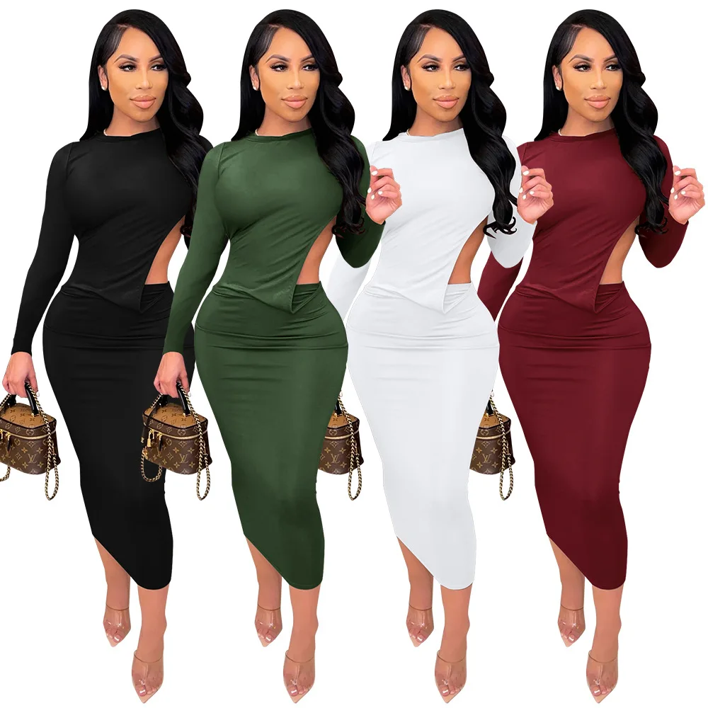 

2021 Fall Fashion Sexy Ladies Dress Casual Backless Halter Bodycon African Women Long Sleeve Dresses, Picture color