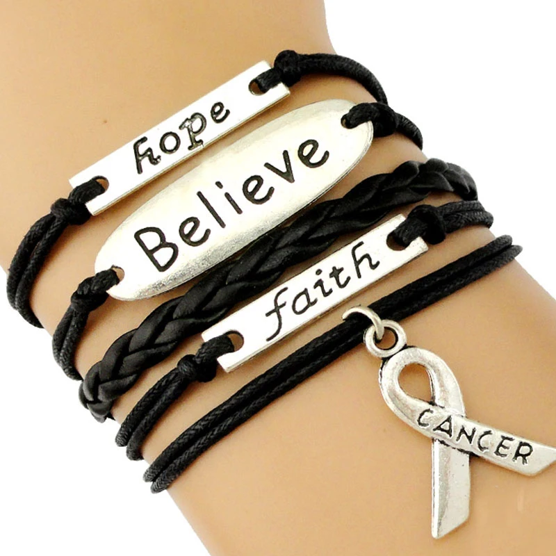 

Be Brave Cure Disease Pray for Breast Cancer Sucks Awareness Fighter Survivor Love Faith Believe Hope Ribbon Leather Bracelets, Silver plated
