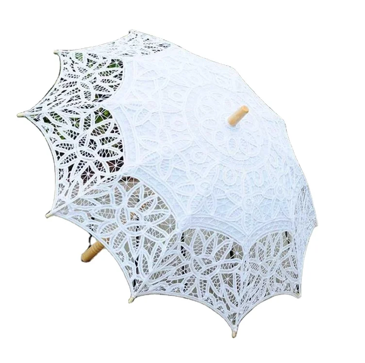 

Elegant Princess Lace Parasol Wedding Umbrella Battenburg Lace Cotton Handmade Beach Wooden Handle Sun Parasols
