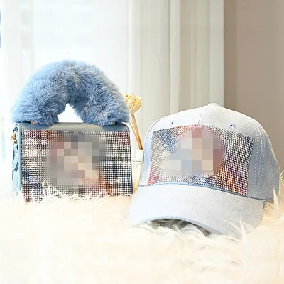 

Hot sale autumn and winter new full drill 2021 PU plush women bag European and American fashion cross-body bag and hat a set, 9 colors