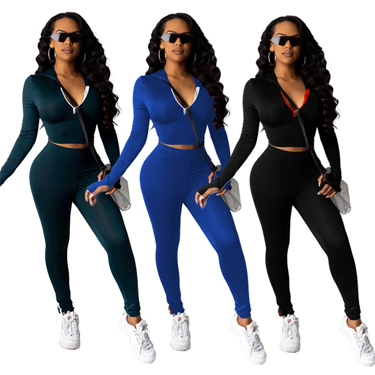

D94302 fall women clothing 2020 sexy 2 piece set women solid long sleeve