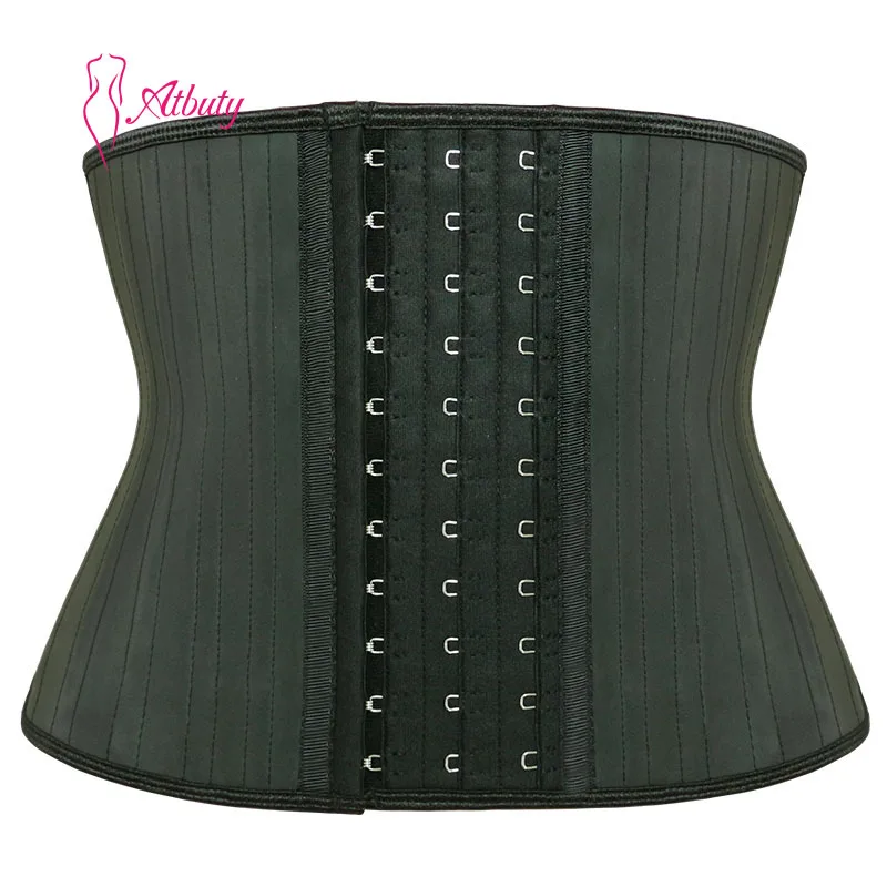 

ATBUTY Black Smooth Latex Short Torso 25 Steel Bones Waist Trainer Corset