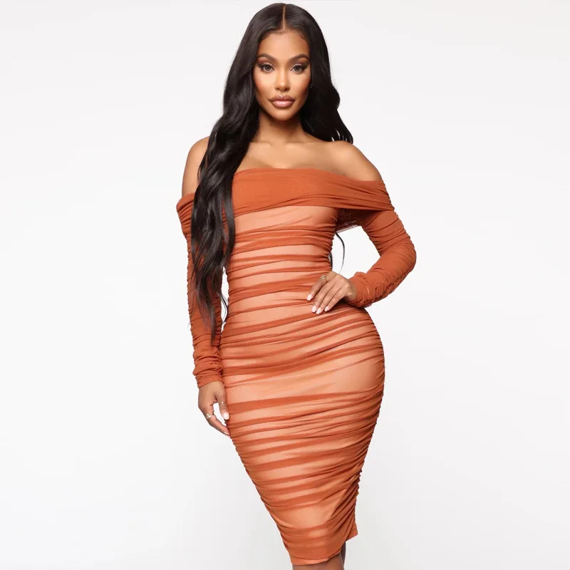 

High Quality Casual Office Lady Formal Dress Women Solid Color Long Sleeve Off The Shoulder Bodycon Knee-Length Tight Dresses, Brown, black