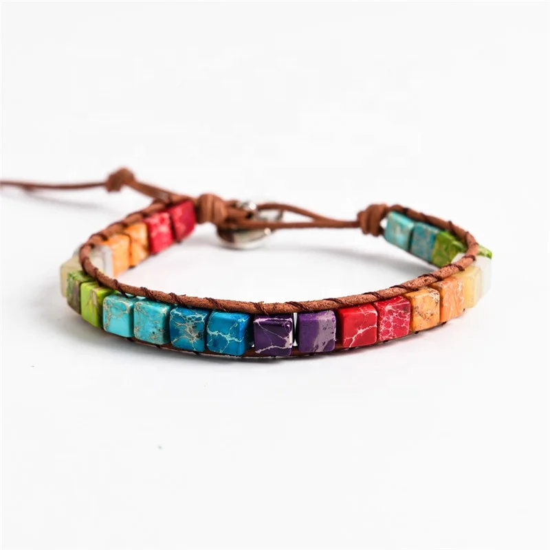 

Handmade 7 Chakra Charm Jewelry Natural Imperial Jaspers Beads Leather Unique Friendship Bracelets Women, Multi-colors