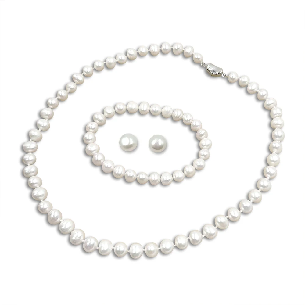 925 Silver Earring with Freshwater Pearl Set Good Luster AA+ Potato Pearl Wedding Factory Price Wholesale 8mm Jewelry