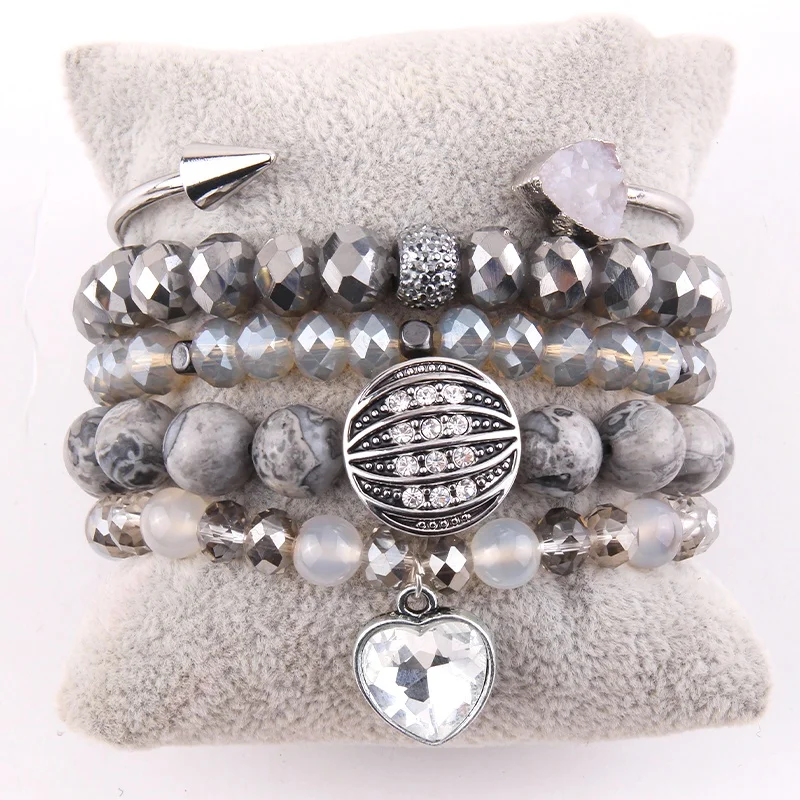 

Map Gemstone Strand Crystal Glass Beads Bracelet Alloy White Crystal Heart Metal Nail Bangle Druzy Stack Bracelet Sets