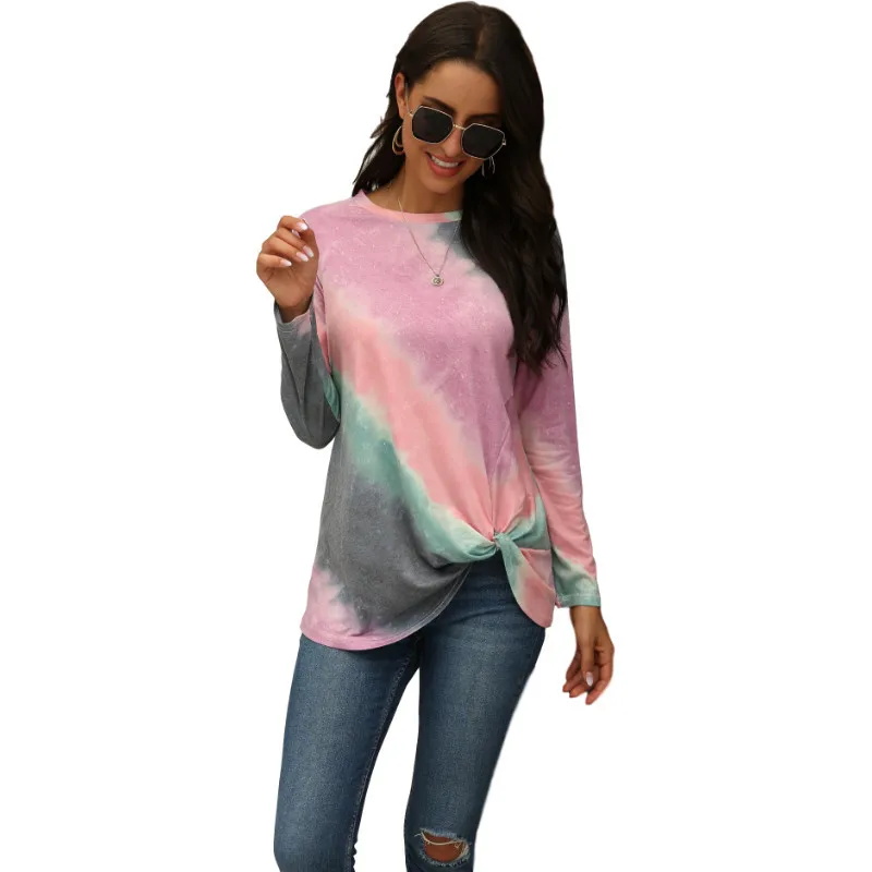 

Womens Clothing 2021 Rainbow Color Plus Size Women Long Sleeve Fashion Backless Floral Tie-Dye T-Shirt