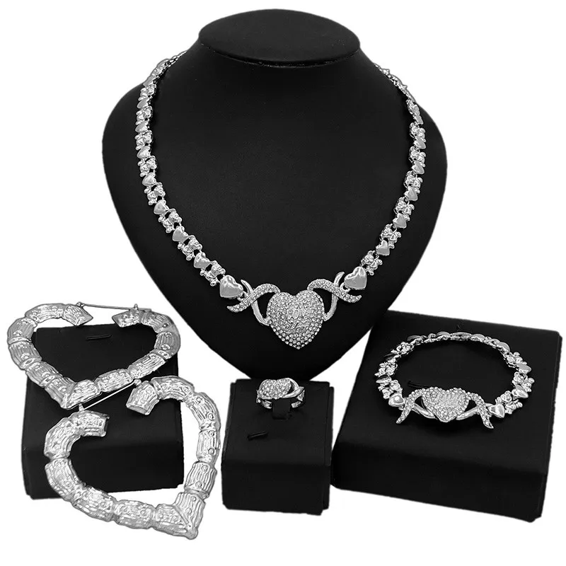 

Yulaili Luxury Silver Necklace Bracelet Ring Jewelry Sets Big Heart Big Earrings I Love You Hug and Kiss Xoxo Jewelry Set X0082