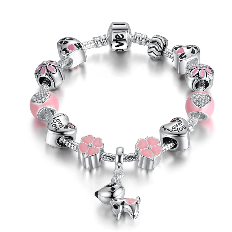 

Latest design antique silver pink flower style crystal glass beads charm bracelets handmade jewelry