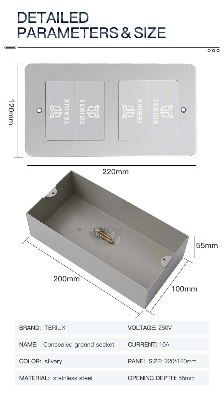 Double stainless steel concealed floor socket with customized module