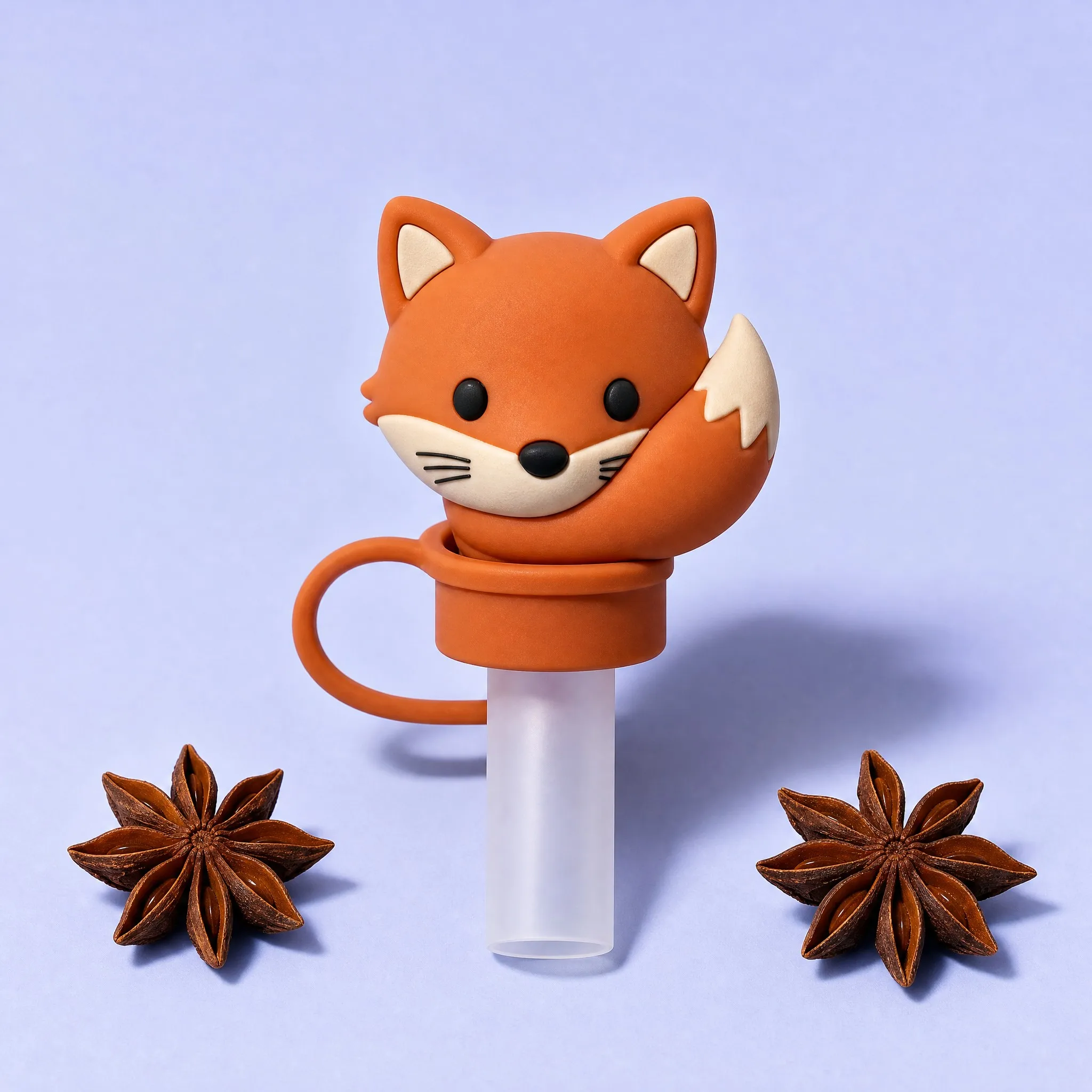 Cute Red Fox Silicone Straw Cover Detail with Star Anise