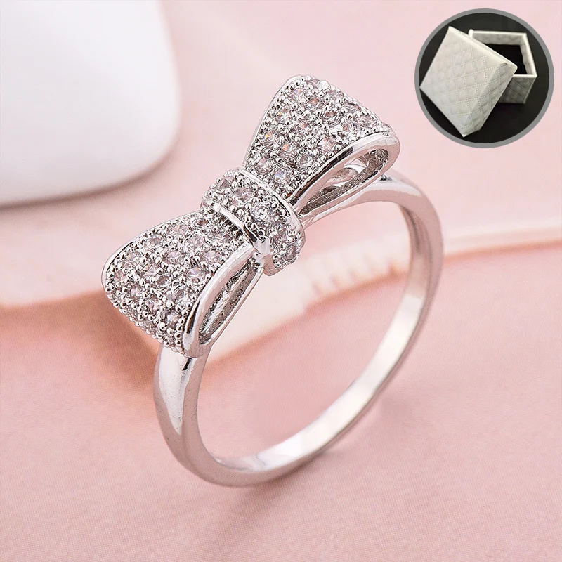 

Bowknot Designer Diamond Ring White Gold Engagement Ring with Paper Box Girls Zircon Jewelry Eternity Statement Silver Rings