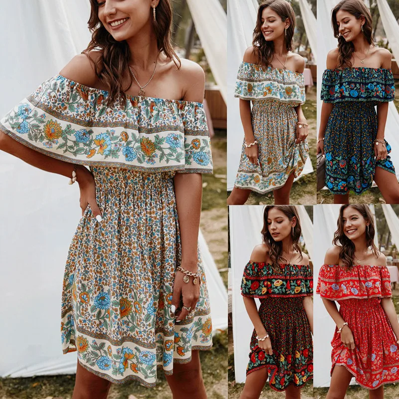 

Flower Print Off-shoulder Woman Summer Dress Backless Sexy Casual Dress