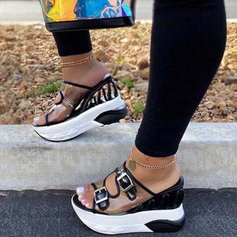 

2020 new women's summer color blocking transparent PVC slope heel sandals, slope heel wave slippers
