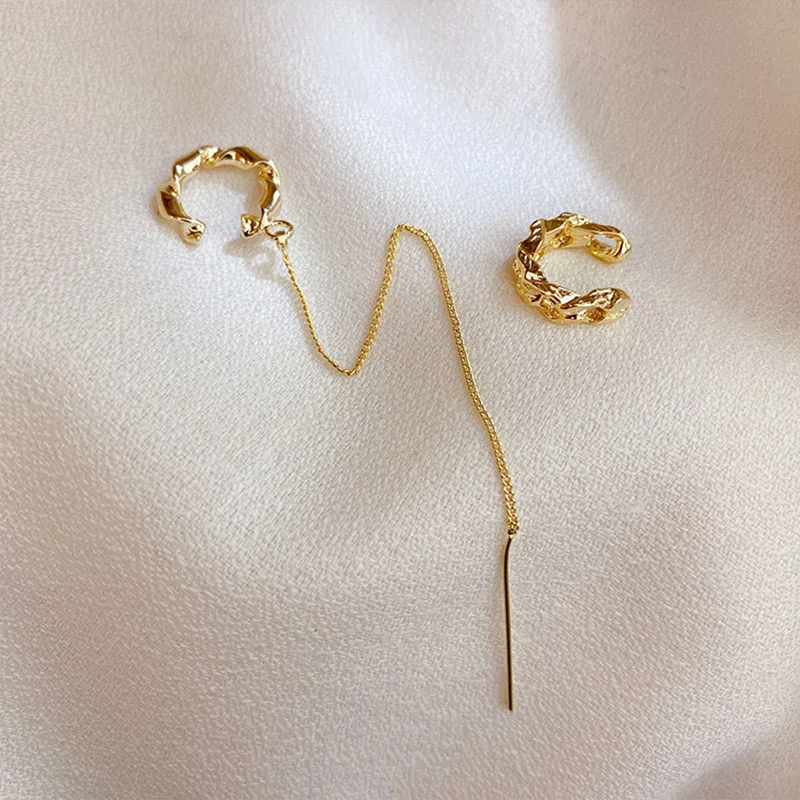 

Vintage Asymmetric Long Line Earrings Retro Minimalist Exquisite Gold Color Ear Bone Clip Earrings Women Jewelry Sister Party