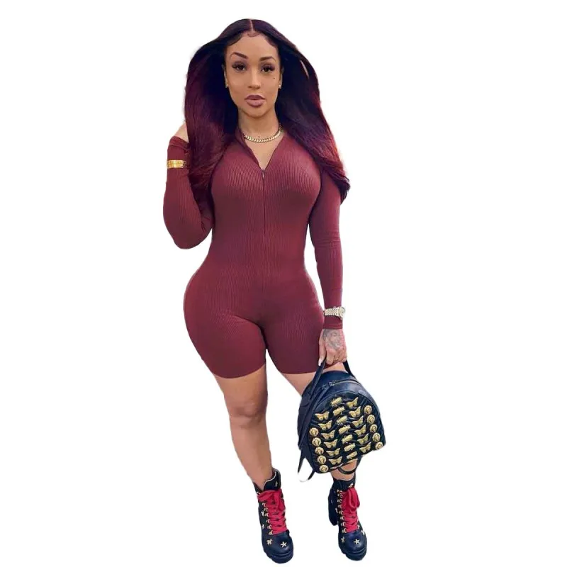 

Ladies Long Sleeve Rib Bodycon Jumpsuits Women Casual Sport Short Jumpsuit Rompers Ladies Black Autumn Fitness Outfits B1776