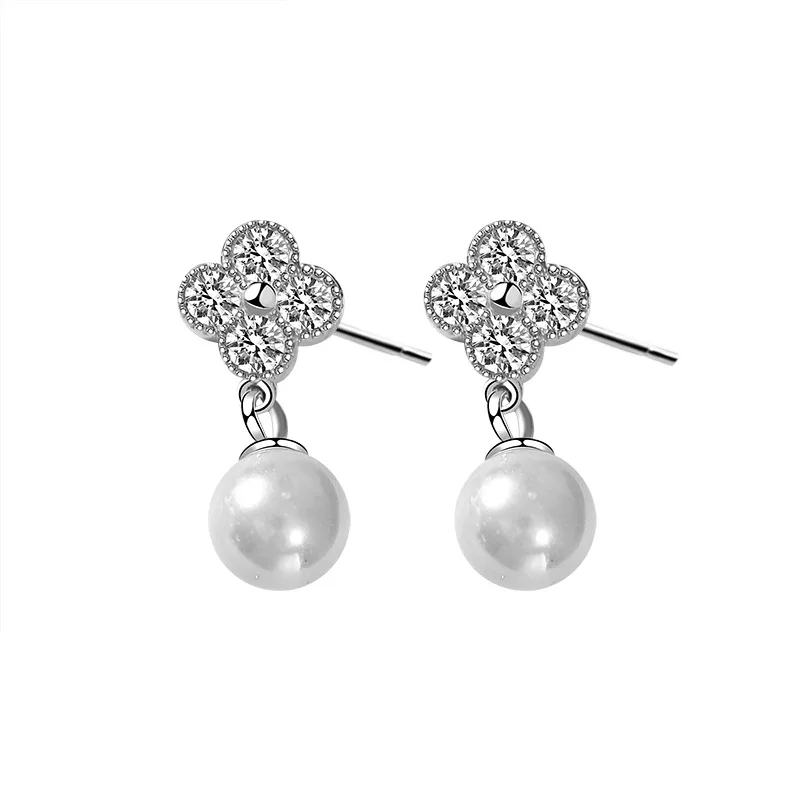 

women fashion 925 sterling silver four-leaf clover stud earrings shell pearls drop earrings jewelry