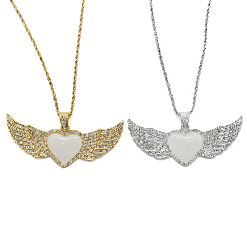 

Fashion Custom Photo Printable Sublimation Hip Hop Heart Angle Wings Necklace, Gold /silver