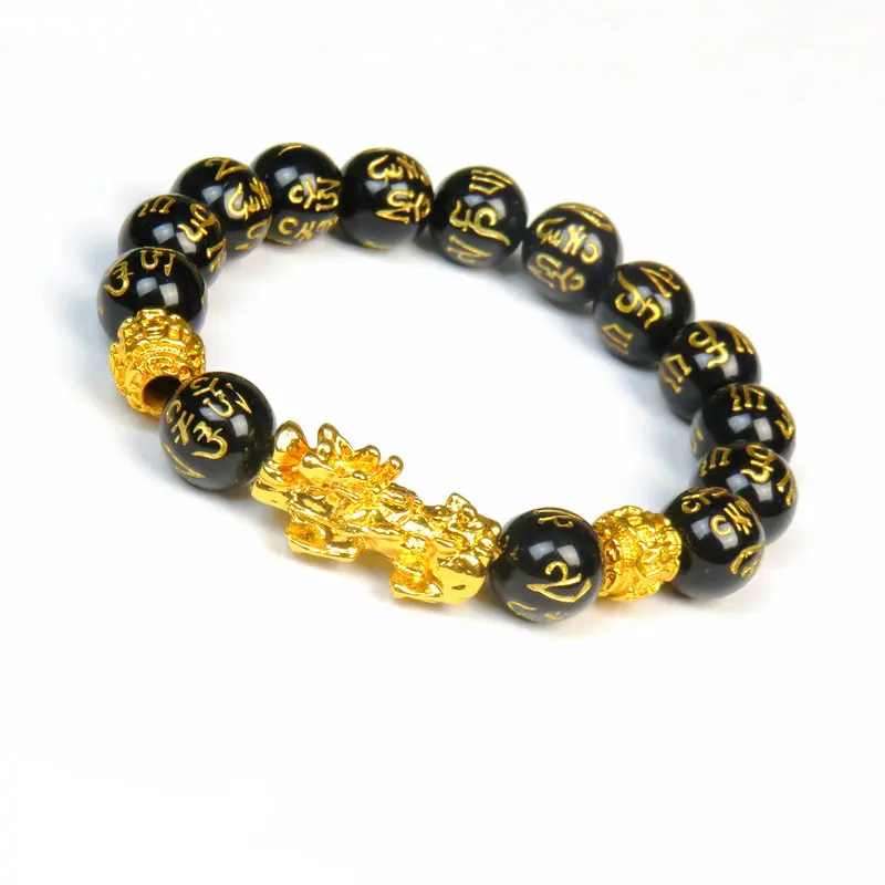 

New Arrival Women Men Real Gold Plated Black Buddha Beads Bracelet Six-character Good Luck Symbol Pixiu Bracelet