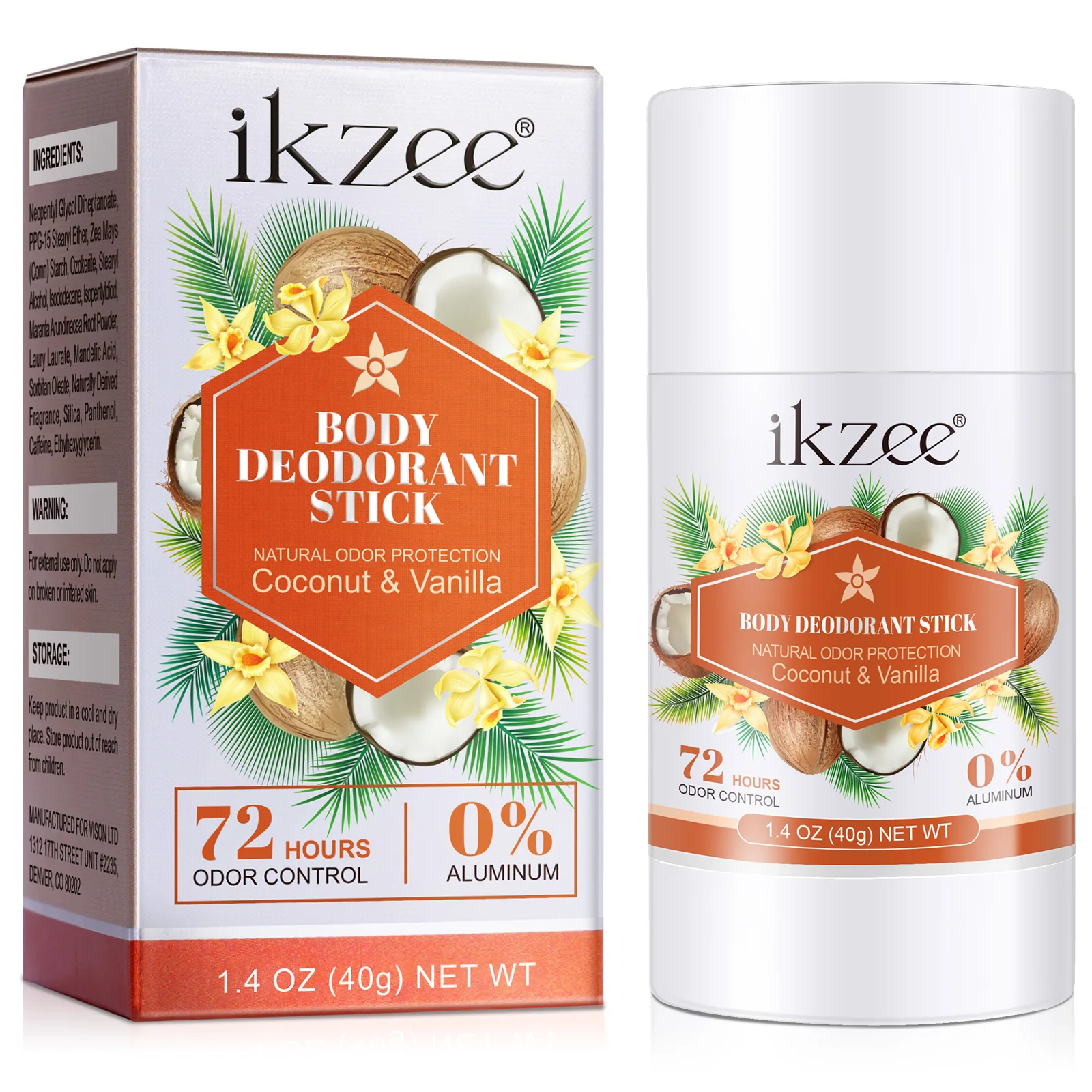 

IKZEE private label 72 hours odor control 40g coconut vanilla natural body lady speed men underarm reusable deodorant stick